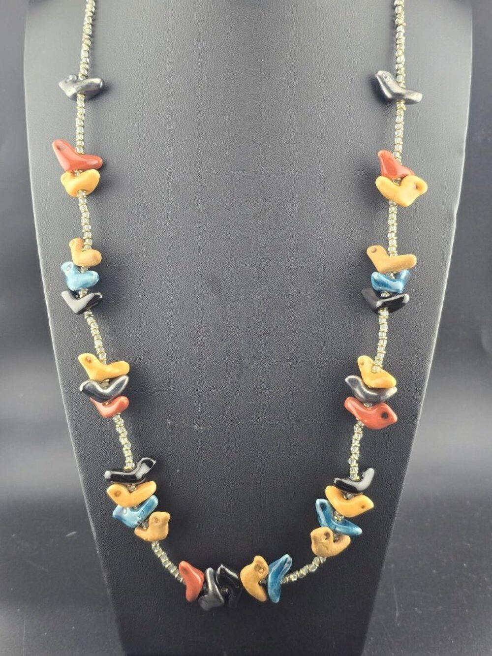 Fetish Necklace With Polished Multicolor Stone Birds and Bead Accents 30"